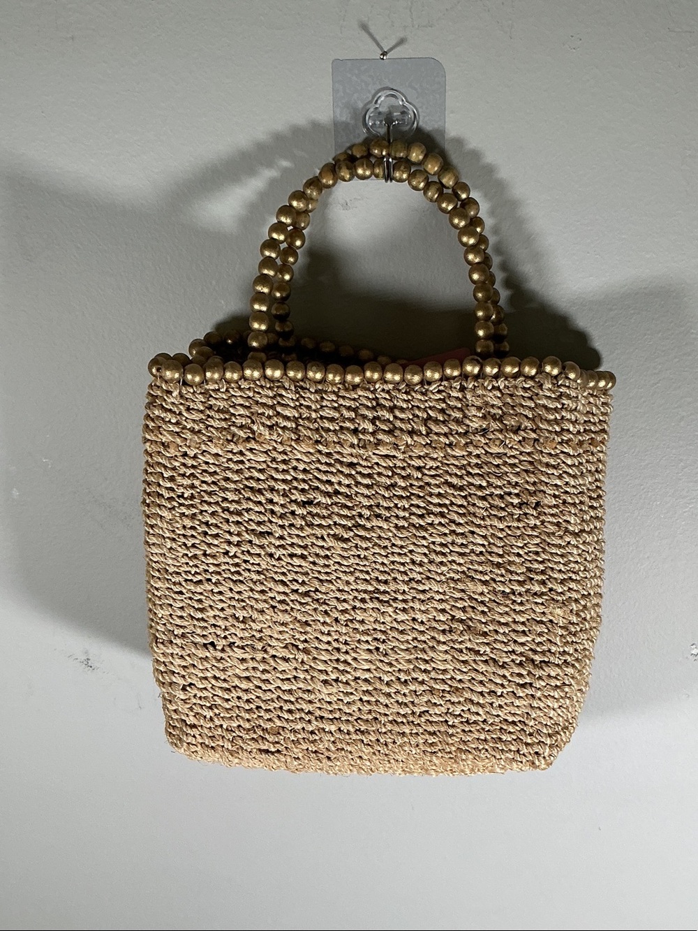 Woven Straw Tote Bag Gold Beaded Handles Neutral Boho Beach Purse